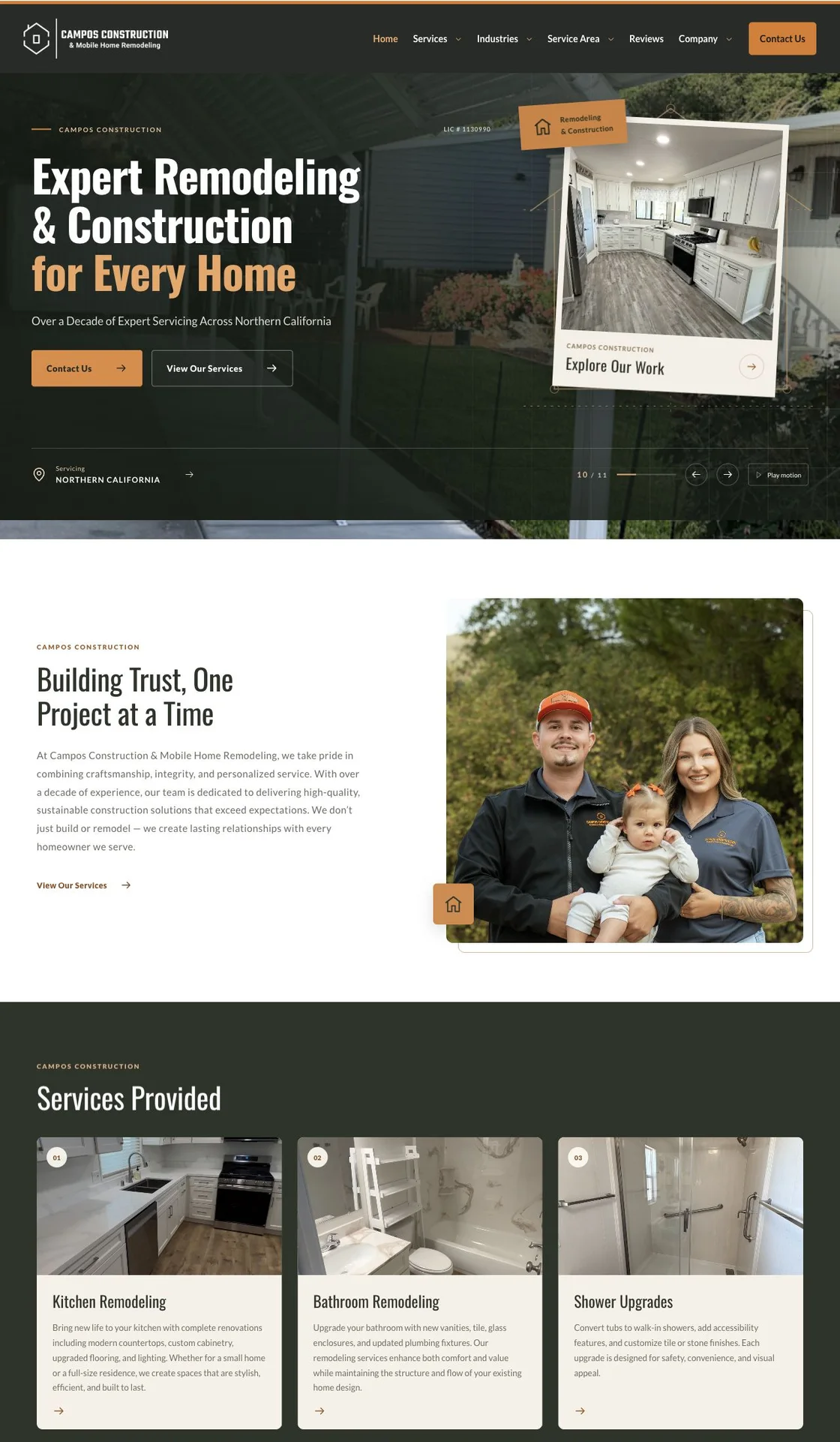 Campos Construction website showing its actual homepage and service content