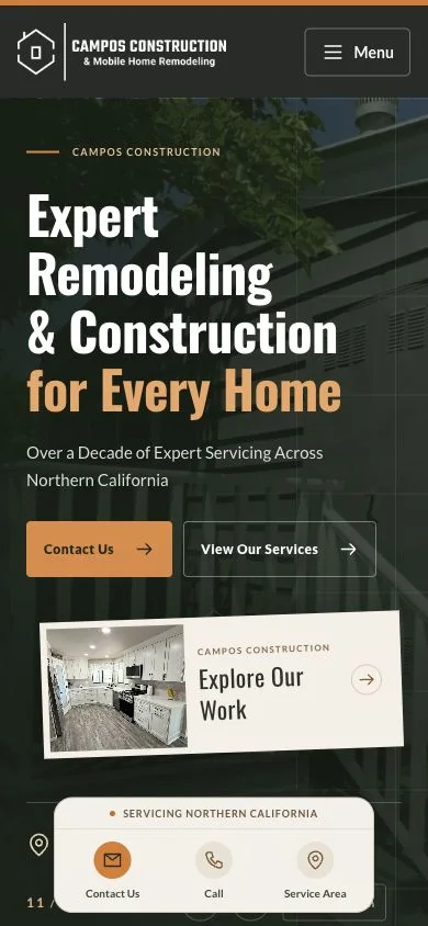 Campos Construction homepage in a phone-sized layout
