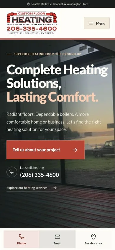 Custom Floor Heating homepage in a phone-sized layout