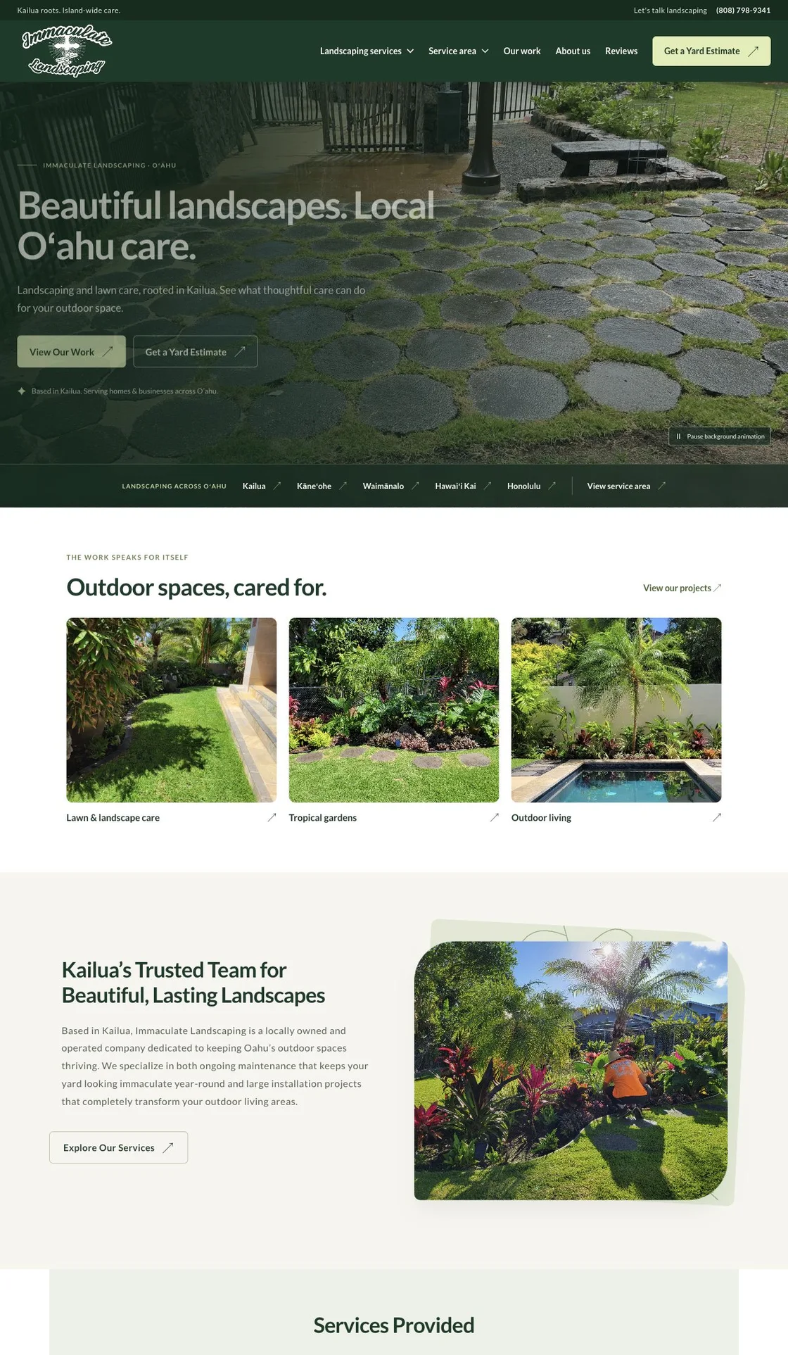Immaculate Landscaping website showing its actual homepage and service content